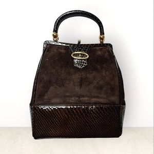 Bienen-Davis Vintage Croc Embossed Leather Suede Top Handle Satchel